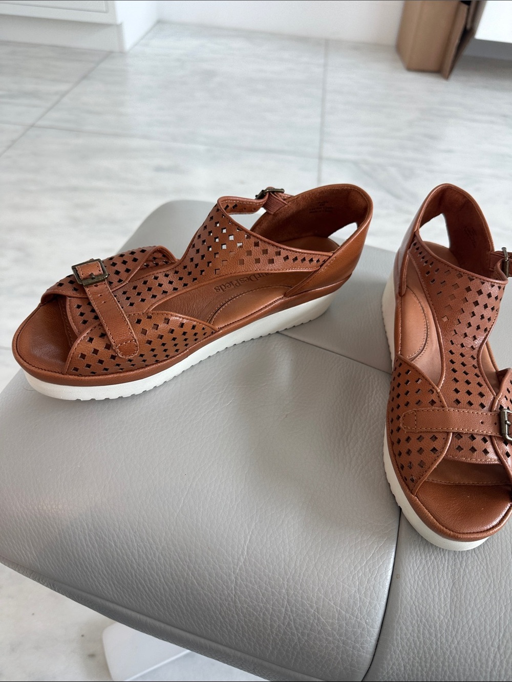 Women's Tan Perforated Buckle Wedge Sandals - Picture 3 of 9